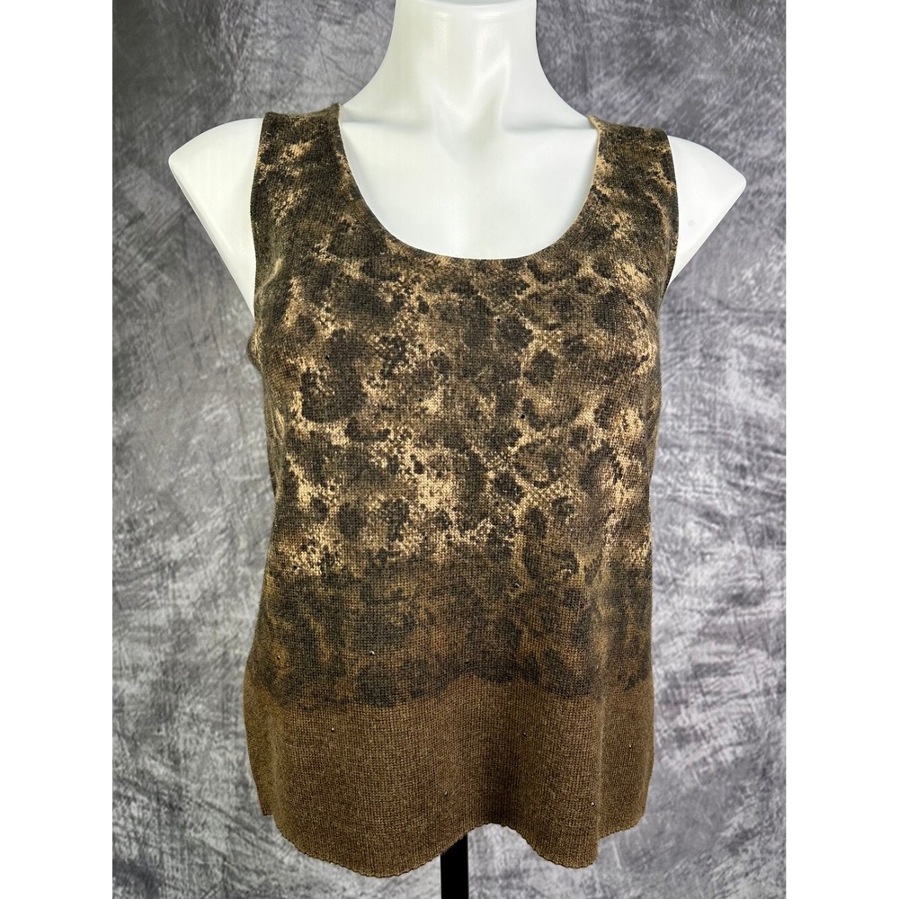 Dana Buchman Knit Top Women Petite Medium Brown Leopard 100% Wool Beaded